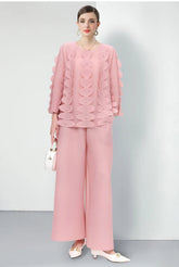 Casual Pleated Wide-Leg Trouser Set